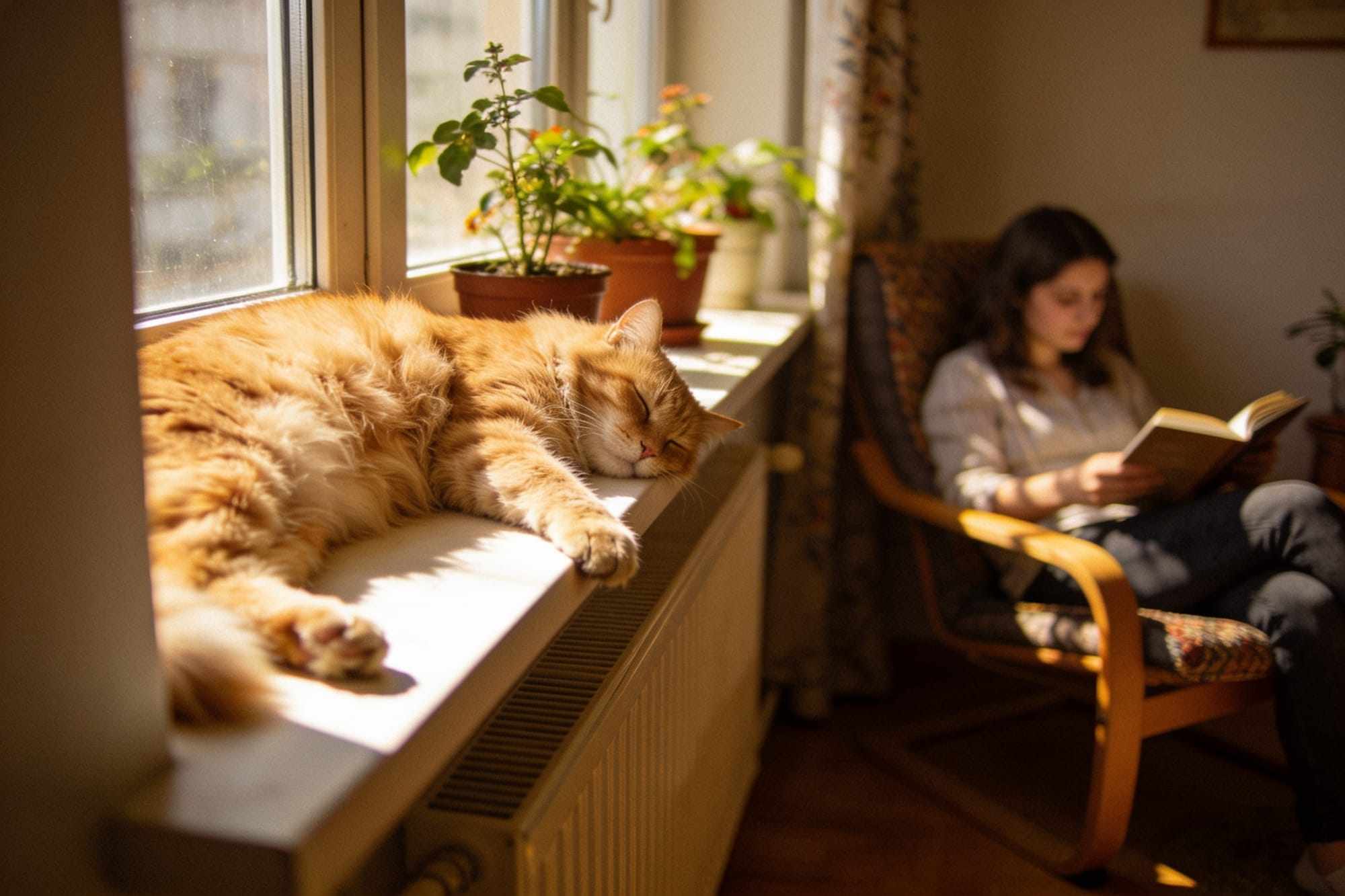A big fluffy ginger cat asleep on a sunny windowsill while a young woman reads in an armchair