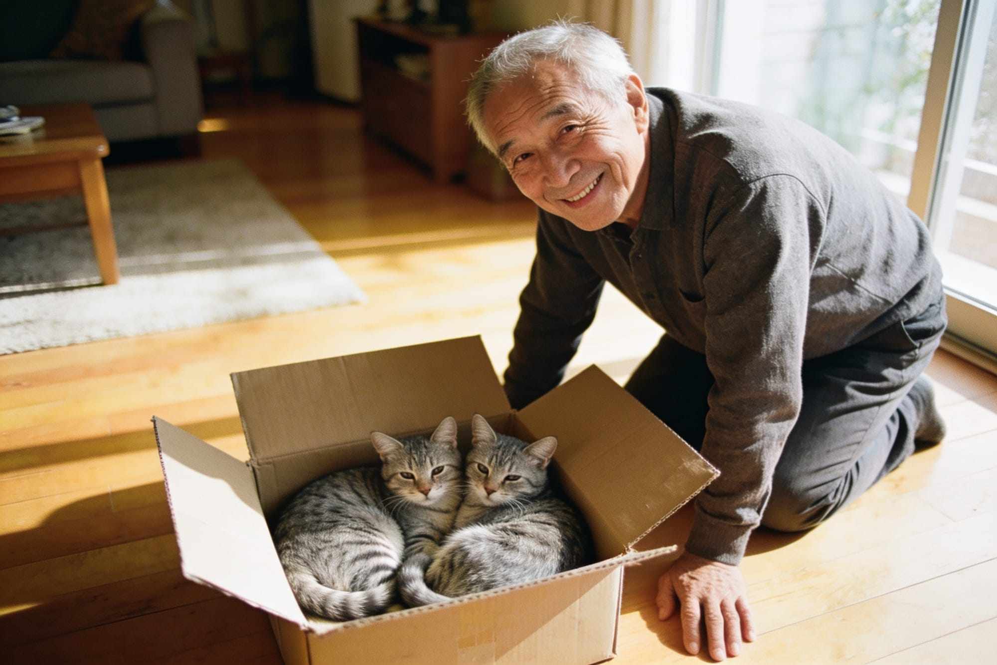 Two grey tabby sibling cats curled up together in a cardboard box as a smiling man kneels beside them